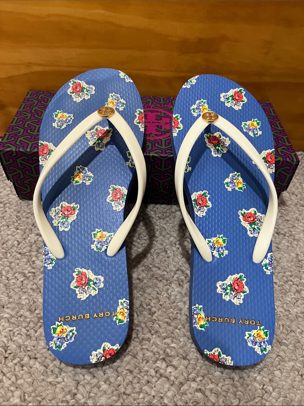 Tory Burch Blue Floral Flip Flops with White Straps - Picture 2 of 8
